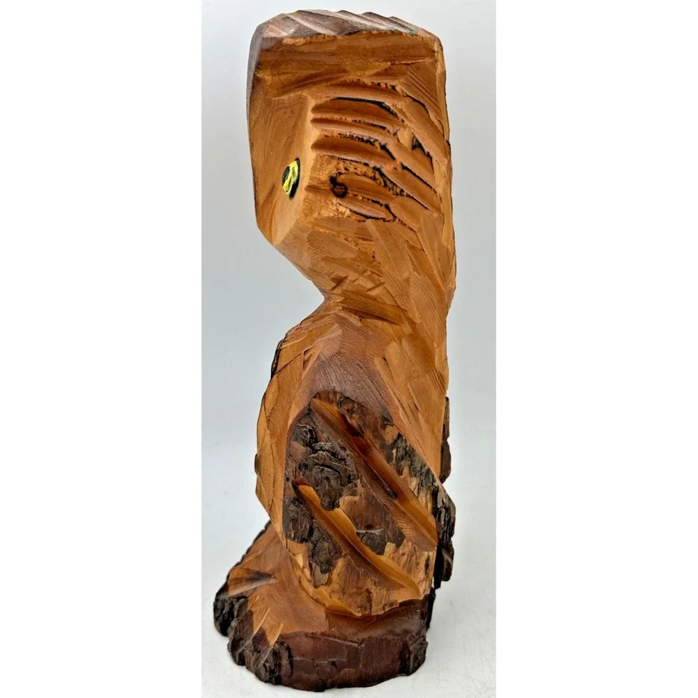 Vintage Handcarved Long Eared Owl On Tree Stump Figure 9 3/8